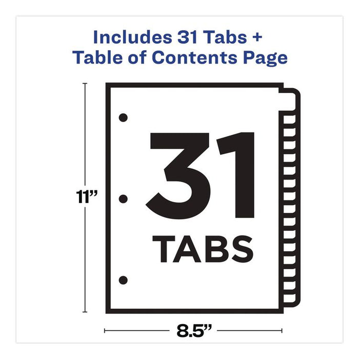 Customizable TOC Ready Index Multicolor Tab Dividers, 31-Tab, 1 to 31, 11 x 8.5, White, Contemporary Color Tabs, 1 Set