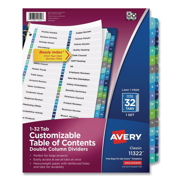 Customizable TOC Ready Index Double Column Multicolor Tab Dividers, 32-Tab, 1 to 32, 11 x 8.5, White, 1 Set
