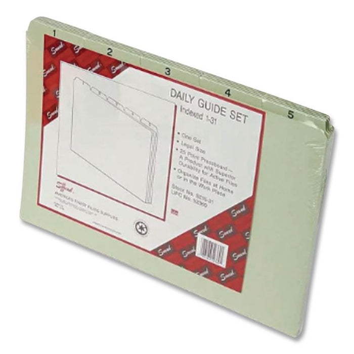 100% Recycled Daily Top Tab File Guide Set, 1/5-Cut Top Tab, 1 to 31, 8.5 x 14, Green, 31/Set