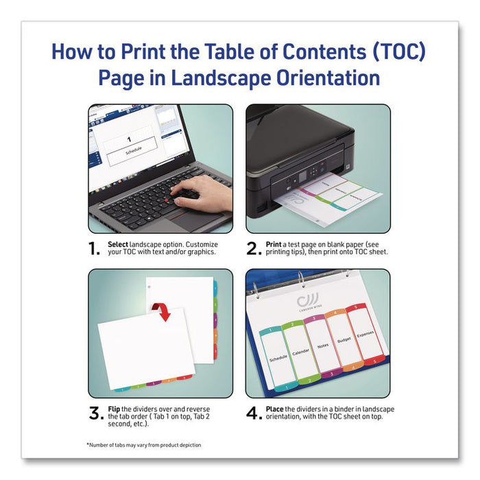 Customizable TOC Ready Index Multicolor Tab Dividers, 12-Tab, 1 to 12, 11 x 8.5, White, Contemporary Color Tabs, 1 Set