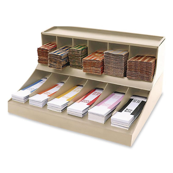 Coin Wrapper and Bill Strap Two-Tier Rack, 11 Compartments, 9.38" x 8.13" x 4.63", Pebble Beige