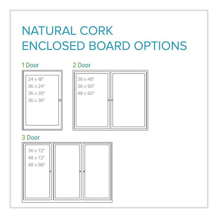 1 Door Enclosed Natural Cork Bulletin Board with Satin Frame, 30" x 36", Tan Surface, Satin Aluminum Frame