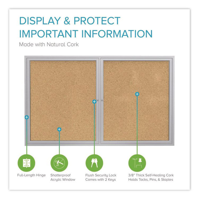 2 Door Enclosed Natural Cork Bulletin Board with Satin Frame, 60" x 48", Tan Surface, Satin Aluminum Frame