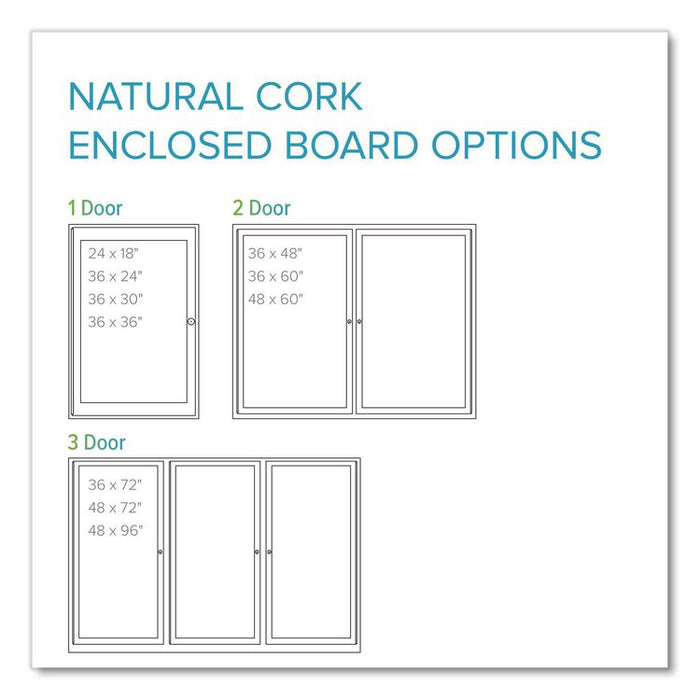 2 Door Enclosed Natural Cork Bulletin Board with Satin Frame, 60" x 48", Tan Surface, Satin Aluminum Frame