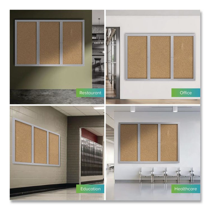 2 Door Enclosed Natural Cork Bulletin Board with Satin Frame, 72" x 36", Tan Surface, Satin Aluminum Frame
