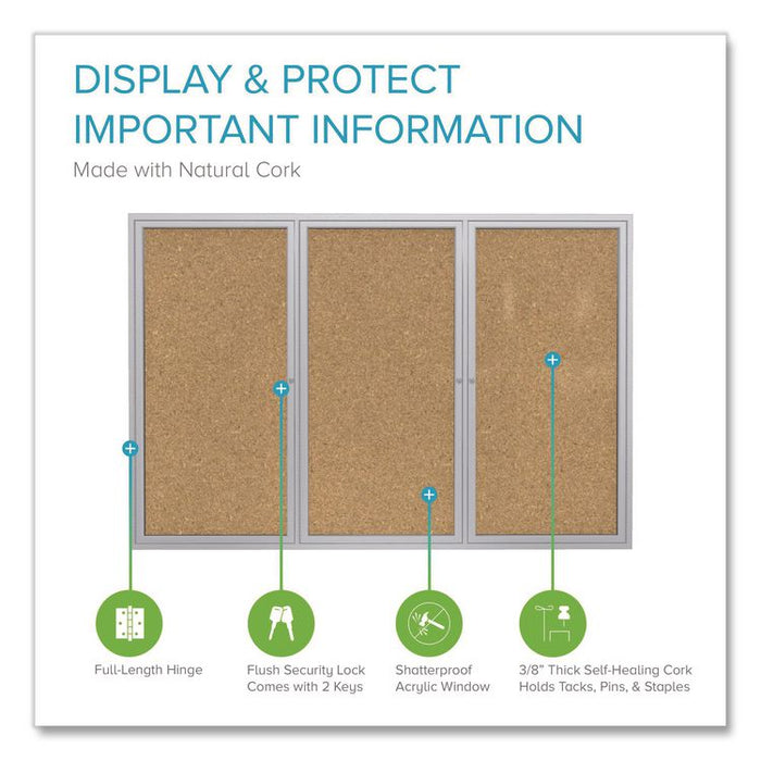 3 Door Enclosed Natural Cork Bulletin Board with Satin Frame, 96" x 48", Tan Surface, Satin Aluminum Frame