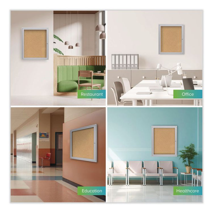 1 Door Enclosed Natural Cork Bulletin Board with Satin Frame, 18" x 24", Tan Surface, Satin Aluminum Frame