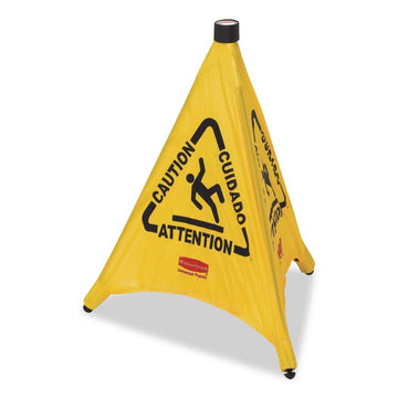 Multilingual Pop-Up Safety Cone, 3-Sided, Fabric, 21 x 21 x 20, Yellow