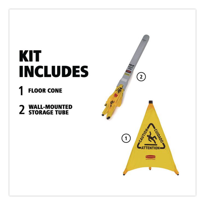 Multilingual Pop-Up Safety Cone, 3-Sided, Fabric, 21 x 21 x 20, Yellow