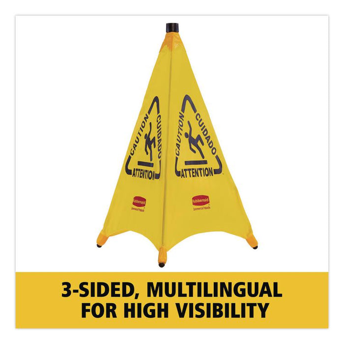 Multilingual Pop-Up Safety Cone, 3-Sided, Fabric, 21 x 21 x 20, Yellow