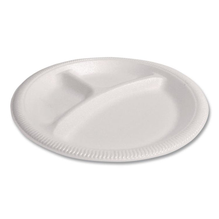 Foam Dinnerware, 3-Compartment Plate, 9" dia, White, 125/Sleeve, 4 Sleeves/Pack
