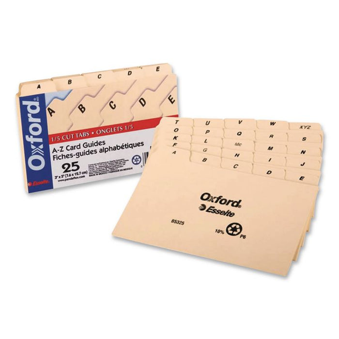 A-Z Index Card Files, 1/5-Cut Top Tab, Assorted Position, 3 x 5, Manila, 25/Set