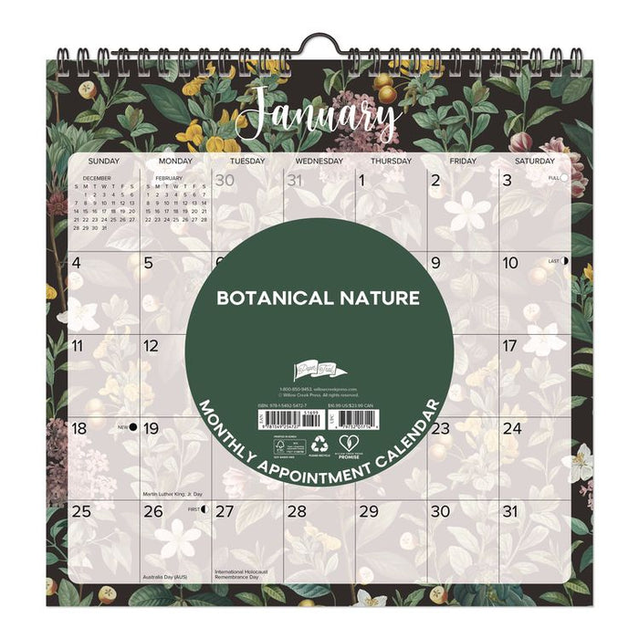 Botanical Nature 2026 Spiral Wall Calendar, Botanic Artwork, 12 x 12, Multicolor Sheets, 12-Month (Jan to Dec): 2026