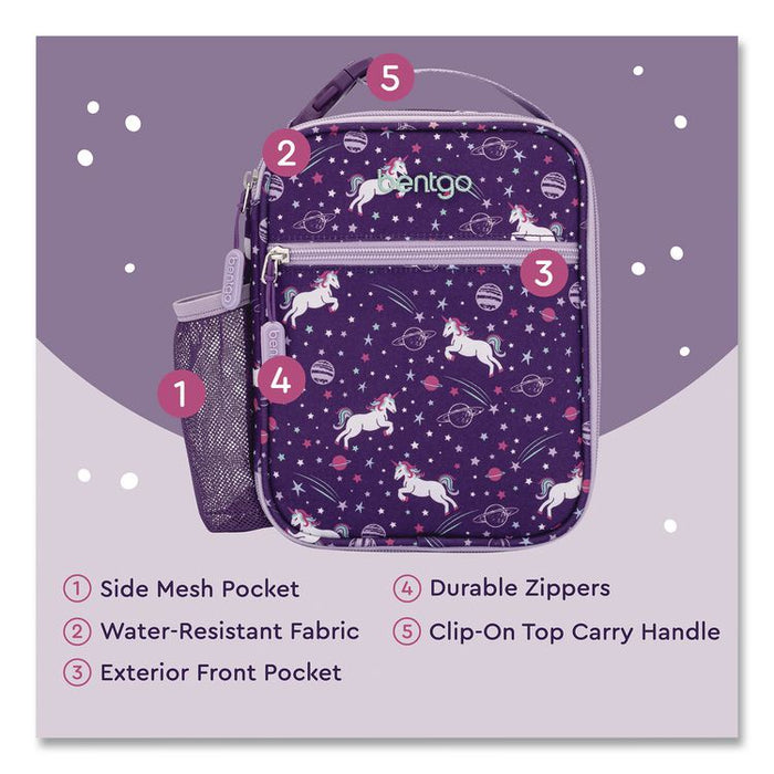 Kids Insulated Lunch Tote, Unicorns Theme, 7.3" x 3.5" x 9.5", Purple/Multicolor