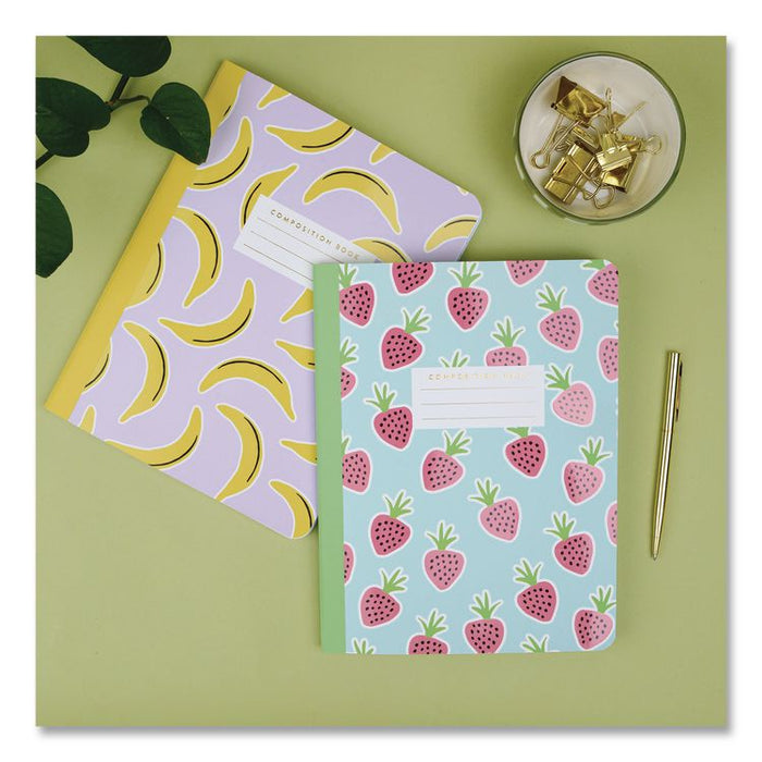 Designer Composition Book, Randomly Assorted Banana and Strawberry Cover Designs, Wide/Legal Rule, (80) 9.75 x 7.5 Sheets