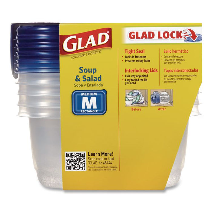 Soup and Salad Containers, Medium Rectangle, 24 oz, 6.49 x 4.86 x 2.98, Clear/Bue, Plastic, 5/Pack