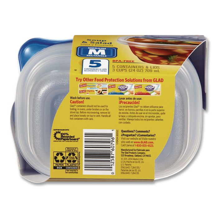 Soup and Salad Containers, Medium Rectangle, 24 oz, 6.49 x 4.86 x 2.98, Clear/Bue, Plastic, 5/Pack