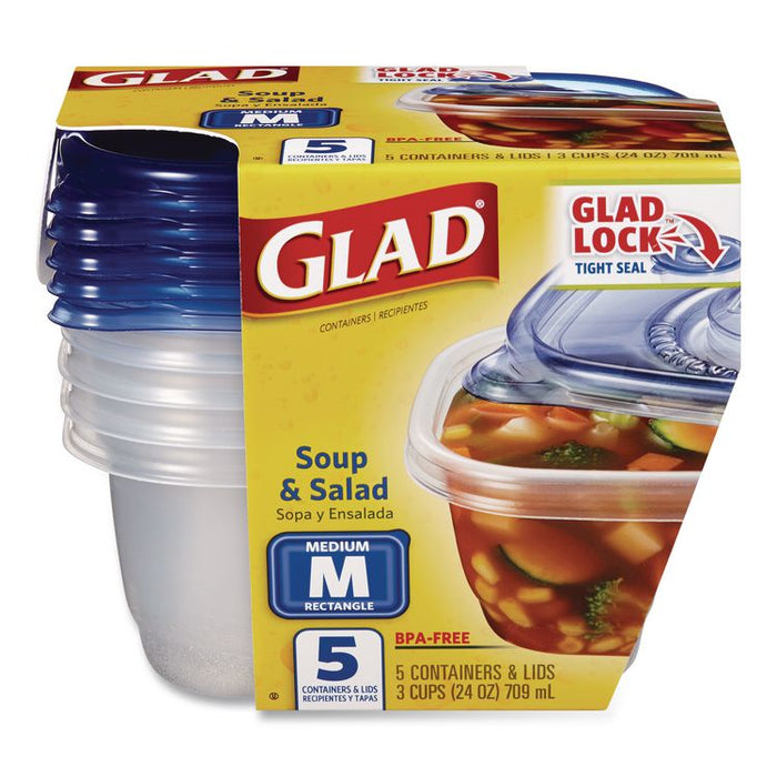 Soup and Salad Containers, Medium Rectangle, 24 oz, 6.49 x 4.86 x 2.98, Clear/Bue, Plastic, 5/Pack