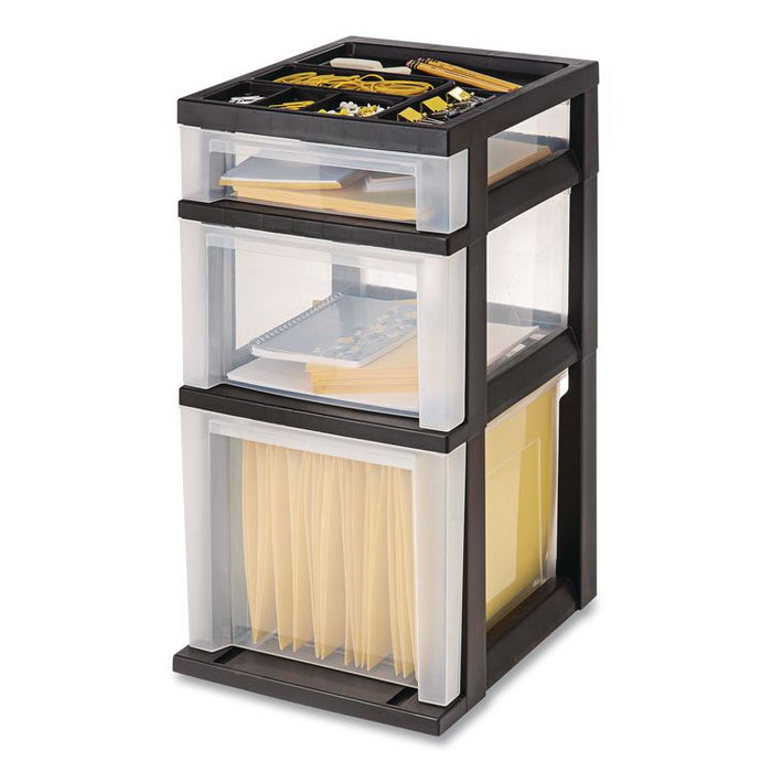 Three-Drawer Stand with Plastic Organizer Top, Plastic, 12.08 x 14.87 x 24, Clear/Black