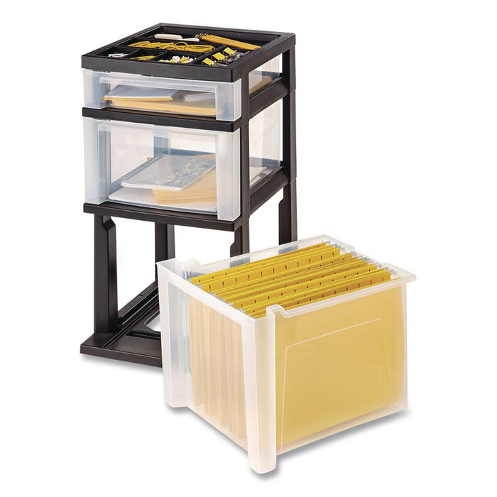 Three-Drawer Stand with Plastic Organizer Top, Plastic, 12.08 x 14.87 x 24, Clear/Black