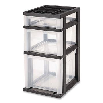 Three-Drawer Stand with Plastic Organizer Top, Plastic, 12.08 x 14.87 x 24, Clear/Black