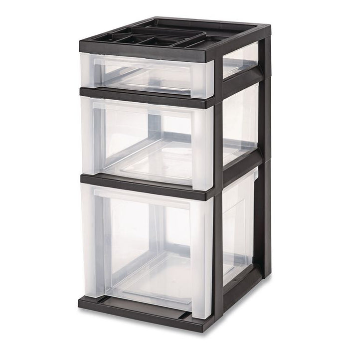 Three-Drawer Stand with Plastic Organizer Top, Plastic, 12.08 x 14.87 x 24, Clear/Black