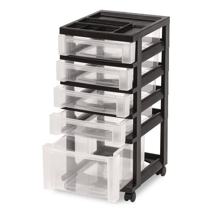 Five-Drawer Rolling Cart with Organizer Top, Plastic, 12.13 x 14.38 x 26.38, Clear/Black