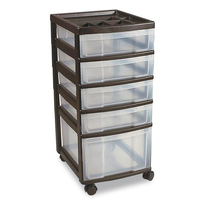 Five-Drawer Rolling Cart with Organizer Top, Plastic, 12.13 x 14.38 x 26.38, Clear/Black