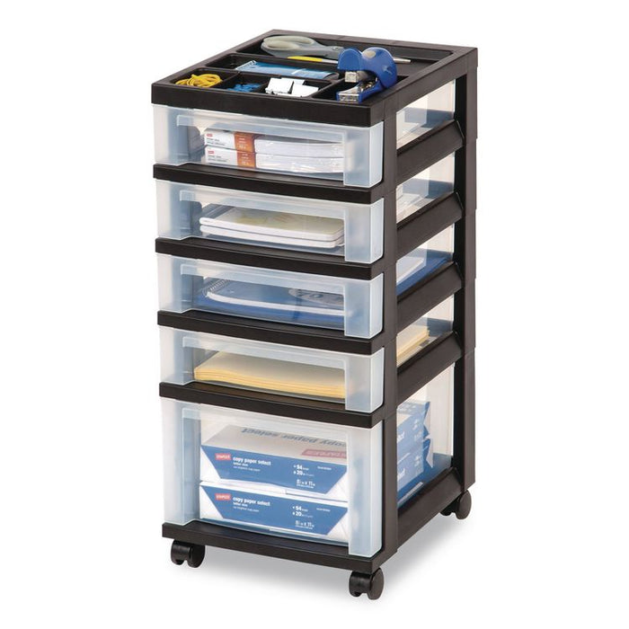 Five-Drawer Rolling Cart with Organizer Top, Plastic, 12.13 x 14.38 x 26.38, Clear/Black