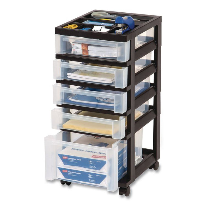 Five-Drawer Rolling Cart with Organizer Top, Plastic, 12.13 x 14.38 x 26.38, Clear/Black