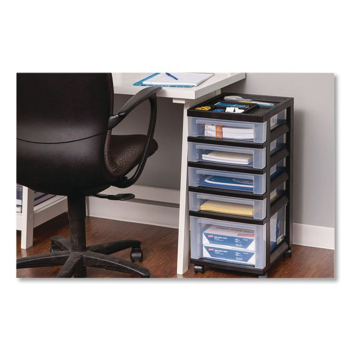 Five-Drawer Rolling Cart with Organizer Top, Plastic, 12.13 x 14.38 x 26.38, Clear/Black