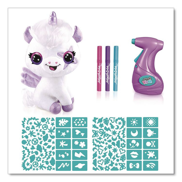 Airbrush Plush Glow-in-the-Dark Unicorn with Airbrush Tool, (3) Washable Ink Tubes and (60) Stick-On Stencils, Ages 6 and Up