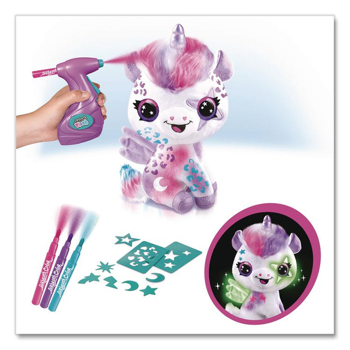 Airbrush Plush Glow-in-the-Dark Unicorn with Airbrush Tool, (3) Washable Ink Tubes and (60) Stick-On Stencils, Ages 6 and Up