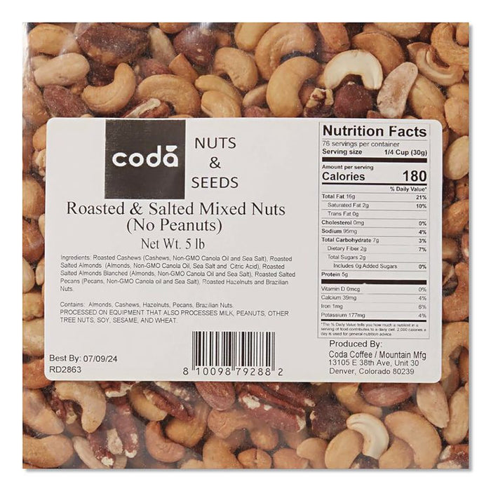 Coda Roasted and Salted Mixed Nuts, 5 lb Bag, 4/Carton