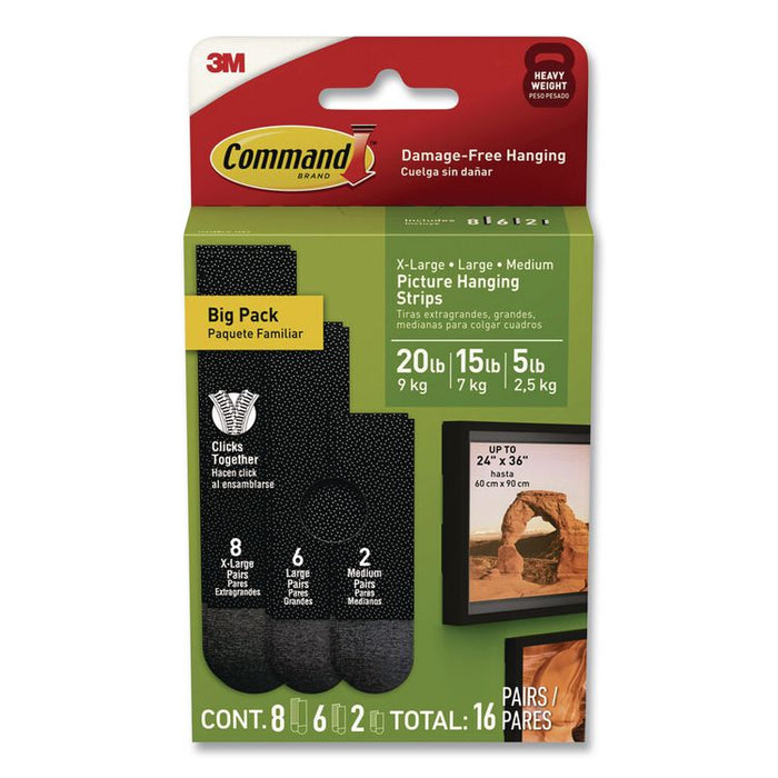 Damage-Free Hanging Picture Hanging Strip Pairs, (8) XL (0.86 x 4.37), (6) L (0.75" x 3.65"), (2) Med (0.75 x 2.75), Black