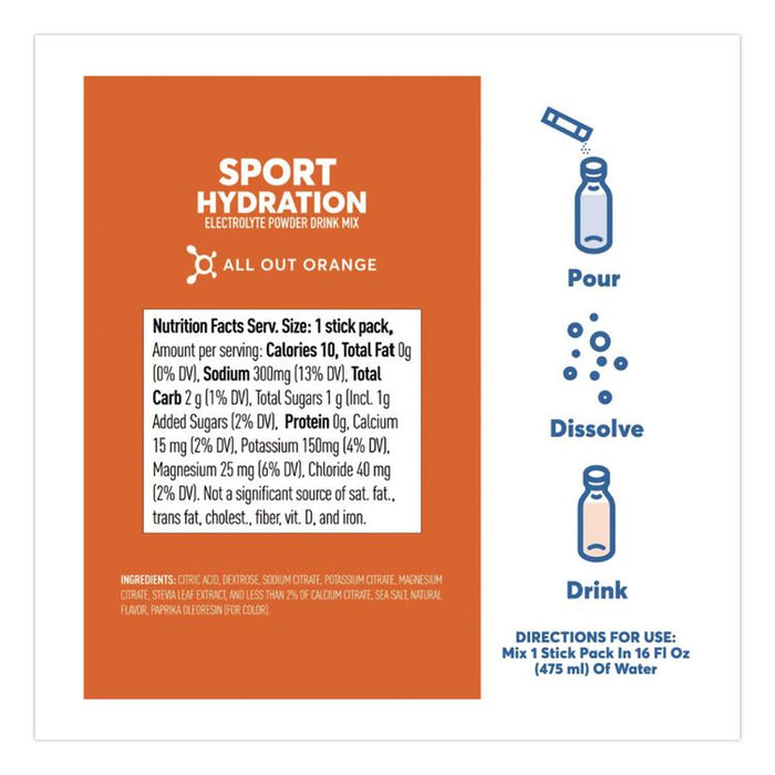 Sport Hydration Electrolyte Powder Drink Mix, All Out Orange, 0.18 oz Stick, 10/Box