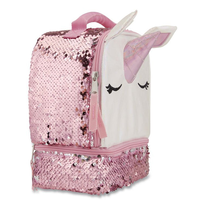 Insulated Animal Themed Lunch Bag, Unicorn Theme, Iridescent PU Shell with Sequins, 7.5 x 5 x 9, White/Pink