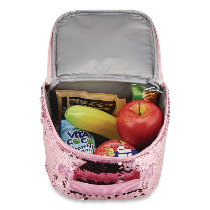 Insulated Animal Themed Lunch Bag, Unicorn Theme, Iridescent PU Shell with Sequins, 7.5 x 5 x 9, White/Pink