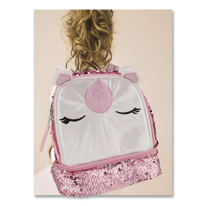 Insulated Animal Themed Lunch Bag, Unicorn Theme, Iridescent PU Shell with Sequins, 7.5 x 5 x 9, White/Pink