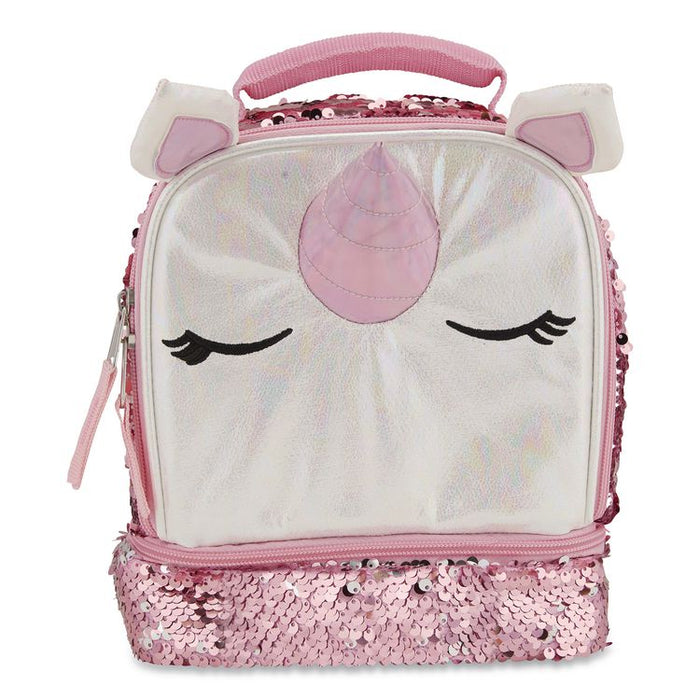 Insulated Animal Themed Lunch Bag, Unicorn Theme, Iridescent PU Shell with Sequins, 7.5 x 5 x 9, White/Pink