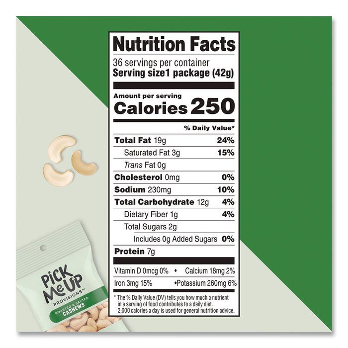 Roasted and Salted Cashews, 1.5 oz Pouch, 36/Box