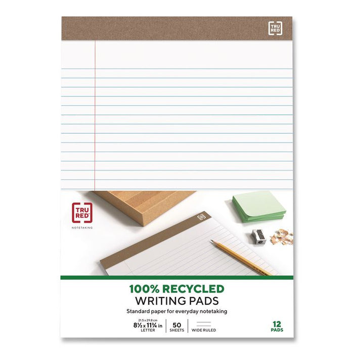 100% Recycled Notepads, Wide/Legal Rule, (50) White 8.5 x 11 Sheets, Dozen
