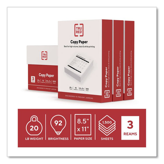 Copy Paper, 92 Bright, 20 lb Bond Weight, 8.5 x 11, 500 Sheets/Ream, 3 Reams/Carton