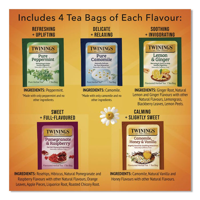 Caffeine-Free Herbal Tea Bags Variety Pack, Individually Wrapped, Four Flavors, 0.06 oz Tea Bag, 20/Box