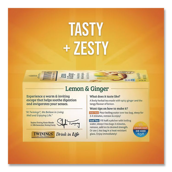 Tea Bags, Lemon and Ginger, 1.32 oz Tea Bag, 25 Tea Bags/Box