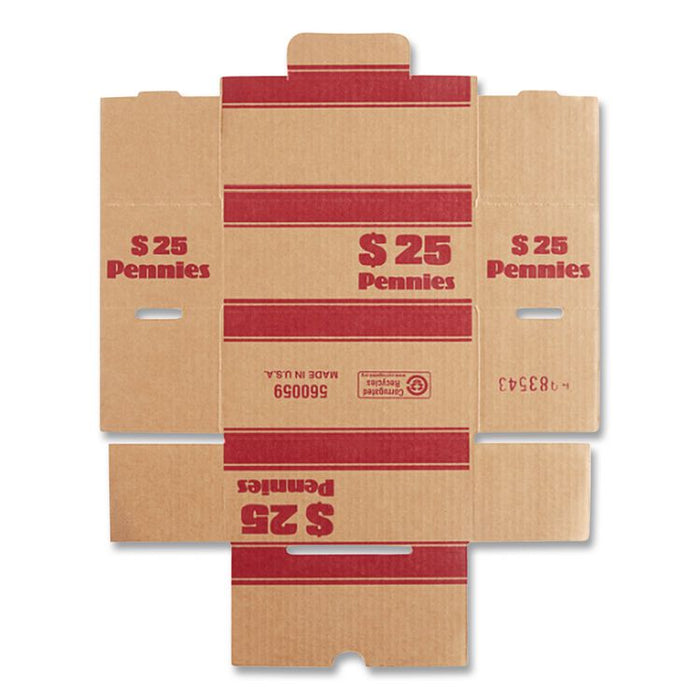 Pennies Coin Box, Accommodates $25 in Pennies, 15.5" x 19.25" x 4.5", Red/Kraft, 50/Pack