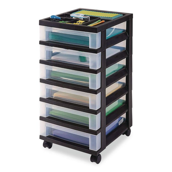 Six-Drawer Durable Storage Cart, Plastic, 15 lb Capacity, 12.13 x 14.38 x 26.38, Clear/Black