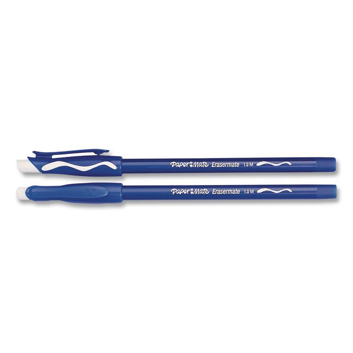 Eraser Mate Ballpoint Pen, Stick, Medium 1 mm, Blue Ink, Blue Barrel, Dozen