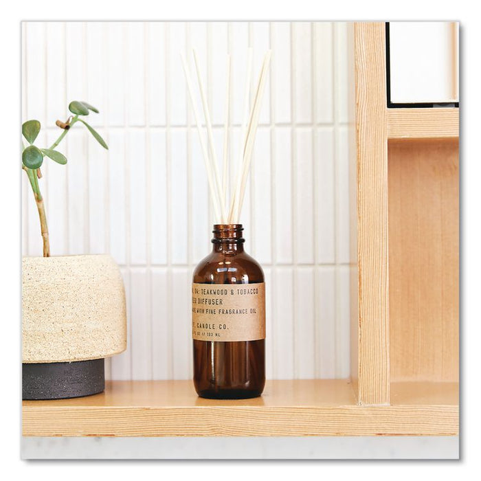 Reed Diffuser, Teakwood and Tobacco, 3.5 oz, 4.25" Bottle, 9" Reeds, Amber