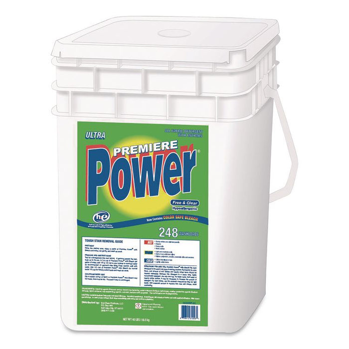 Premiere Power Laundry Detergent, HE Compatible, Free and Clear, 40 lb Pail